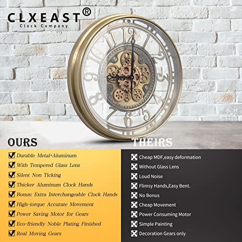 CLXEAST Moving Gear Wall Clock for Modern Farmhouse Living Room Decor,Large Industrial Steampunk Wall Clock,Metal Wall Clock Decorative for Home Office, Dinning Room,Copper (21 Inch)