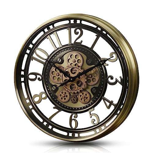 CLXEAST Moving Gear Wall Clock for Modern Farmhouse Living Room Decor,Large Industrial Steampunk Wall Clock,Metal Wall Clock Decorative for Home Office, Dinning Room,Copper (21 Inch)