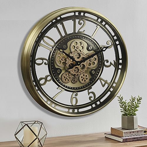 CLXEAST Moving Gear Wall Clock for Modern Farmhouse Living Room Decor,Large Industrial Steampunk Wall Clock,Metal Wall Clock Decorative for Home Office, Dinning Room,Copper (21 Inch)