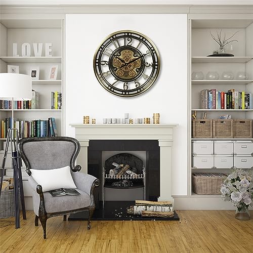 CLXEAST Moving Gear Wall Clock for Modern Farmhouse Living Room Decor,Large Industrial Steampunk Wall Clock,Metal Wall Clock Decorative for Home Office, Dinning Room,Copper (21 Inch)