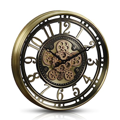 CLXEAST Moving Gear Wall Clock for Modern Farmhouse Living Room Decor,Large Industrial Steampunk Wall Clock,Metal Wall Clock Decorative for Home Office, Dinning Room,Copper (21 Inch)