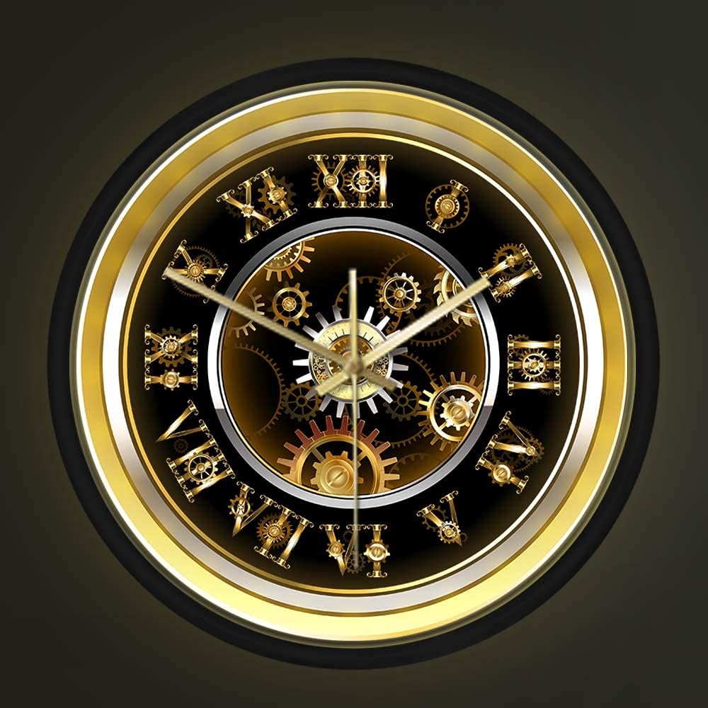 Geek Alerts Clockwork Steampunk Style Silent Quartz Wall Clock with Voice Control LED Night Light for Bedroom Home Vintage Roman Numerals Gold Gear Metal Frame Battery Opeated Wall Watch