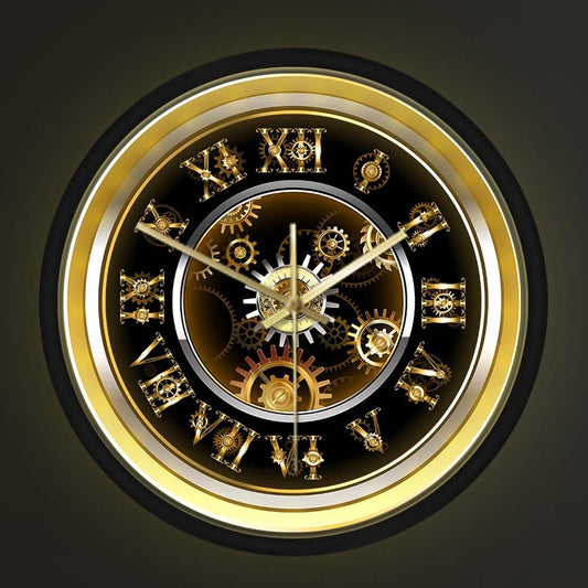 Geek Alerts Clockwork Steampunk Style Silent Quartz Wall Clock with Voice Control LED Night Light for Bedroom Home Vintage Roman Numerals Gold Gear Metal Frame Battery Opeated Wall Watch