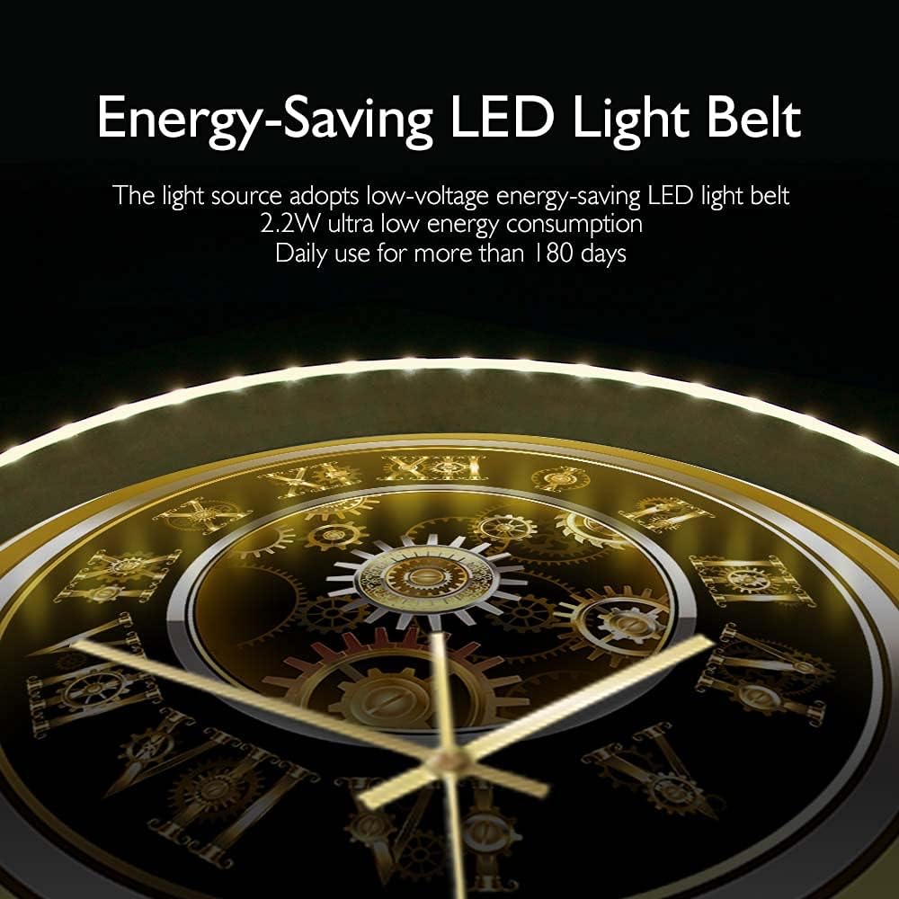 Geek Alerts Clockwork Steampunk Style Silent Quartz Wall Clock with Voice Control LED Night Light for Bedroom Home Vintage Roman Numerals Gold Gear Metal Frame Battery Opeated Wall Watch