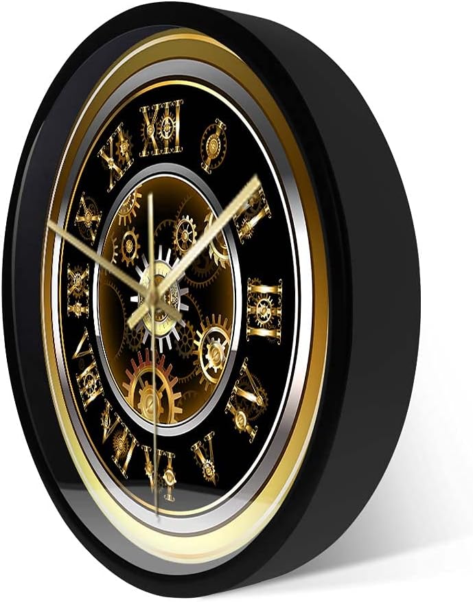 Geek Alerts Clockwork Steampunk Style Silent Quartz Wall Clock with Voice Control LED Night Light for Bedroom Home Vintage Roman Numerals Gold Gear Metal Frame Battery Opeated Wall Watch