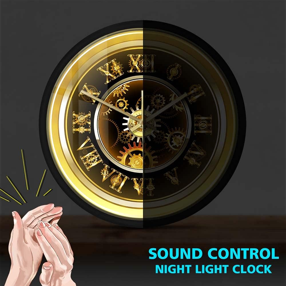 Geek Alerts Clockwork Steampunk Style Silent Quartz Wall Clock with Voice Control LED Night Light for Bedroom Home Vintage Roman Numerals Gold Gear Metal Frame Battery Opeated Wall Watch