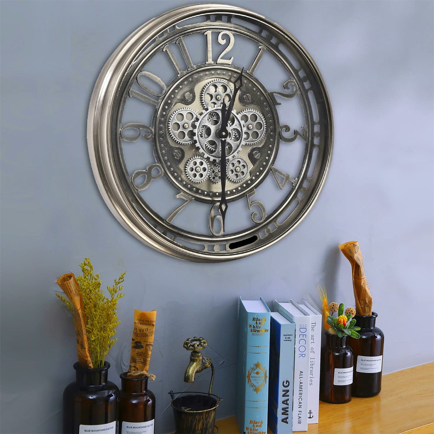 CLXEAST Moving Gear Wall Clock for Modern Farmhouse Living Room Decor,Large Industrial Steampunk Wall Clock,Metal Wall Clock Decorative for Home Office, Dinning Room,Copper (21 Inch)