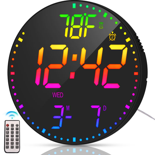 Kasbin 12 Inch Large Digital Wall Clock with Remote Control,RGB Color,Timer Date Temperature Display,Modern Clock for Living Room Bedroom Decor, Gift for Elderly (Black Mirror, 12")