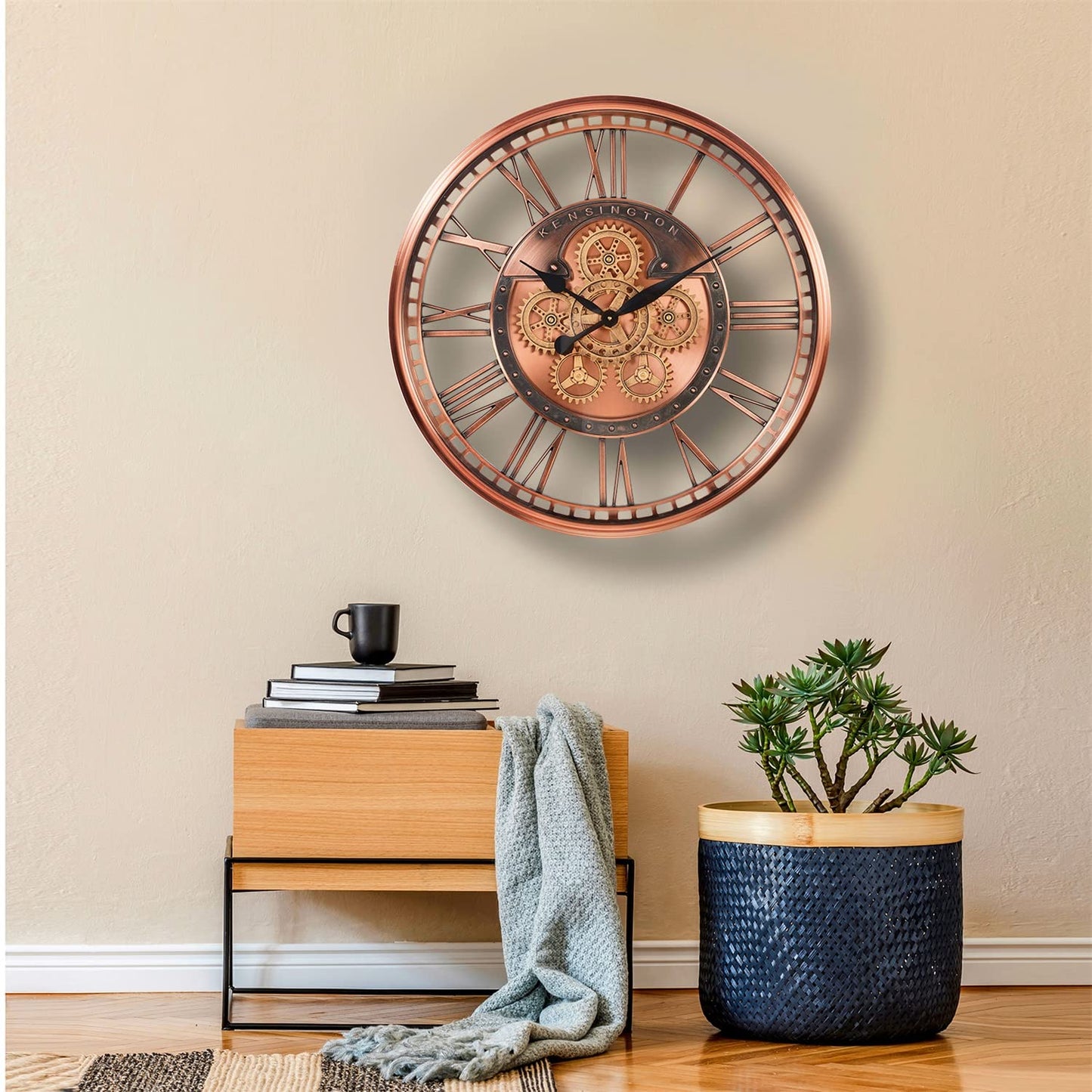 CLXEAST Moving Gear Wall Clock for Modern Farmhouse Living Room Decor,Large Industrial Steampunk Wall Clock,Metal Wall Clock Decorative for Home Office, Dinning Room,Copper (21 Inch)