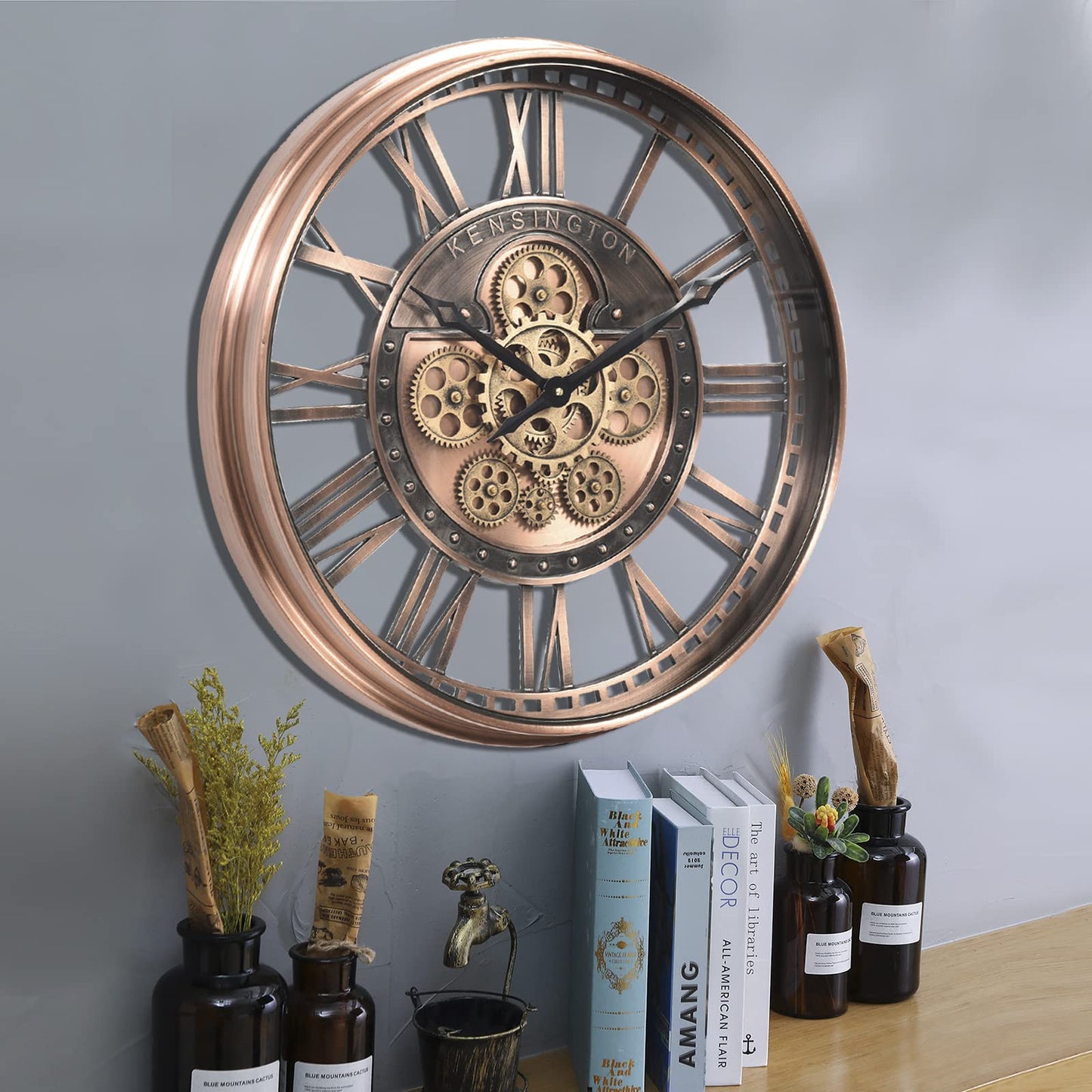 CLXEAST Moving Gear Wall Clock for Modern Farmhouse Living Room Decor,Large Industrial Steampunk Wall Clock,Metal Wall Clock Decorative for Home Office, Dinning Room,Copper (21 Inch)