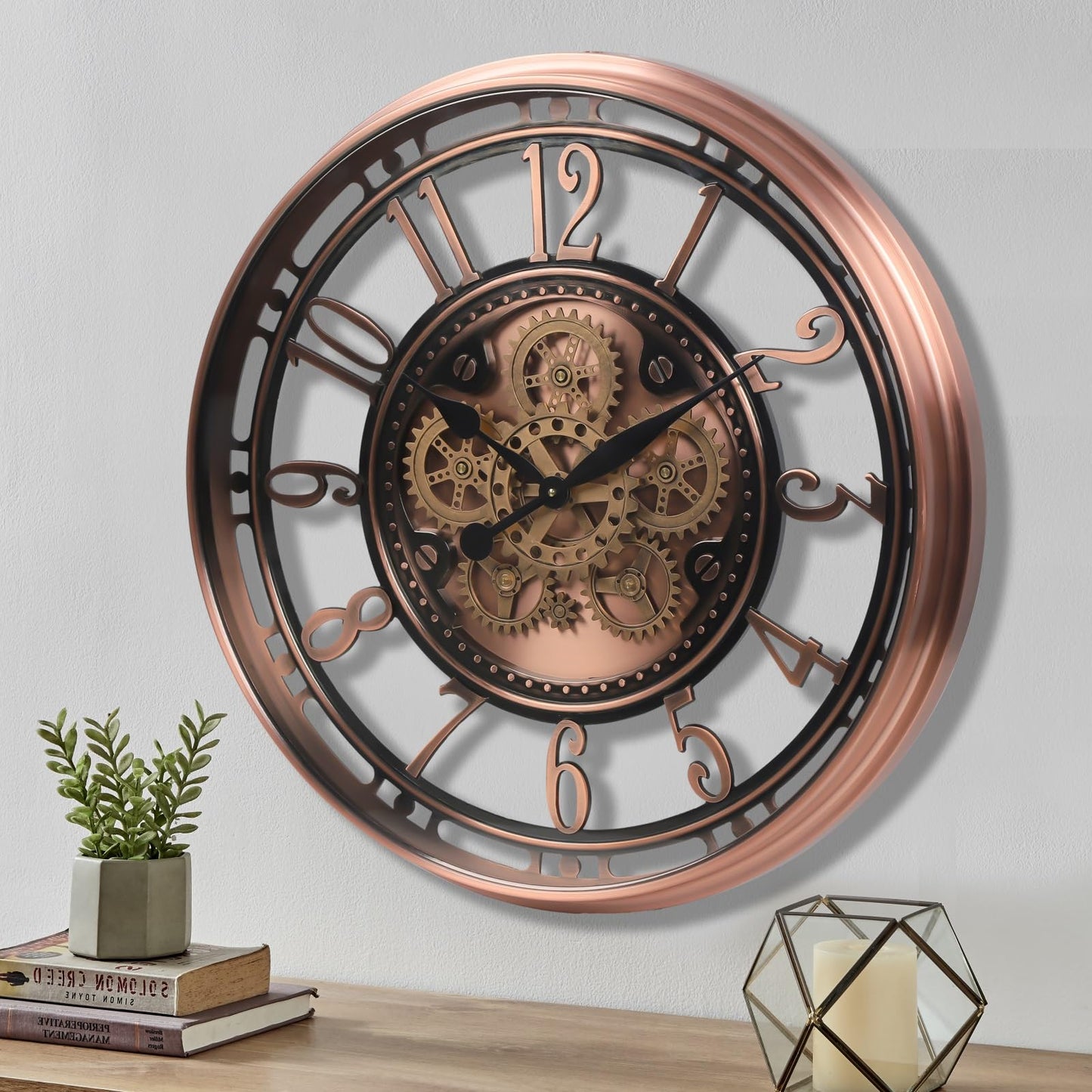 CLXEAST Moving Gear Wall Clock for Modern Farmhouse Living Room Decor,Large Industrial Steampunk Wall Clock,Metal Wall Clock Decorative for Home Office, Dinning Room,Copper (21 Inch)