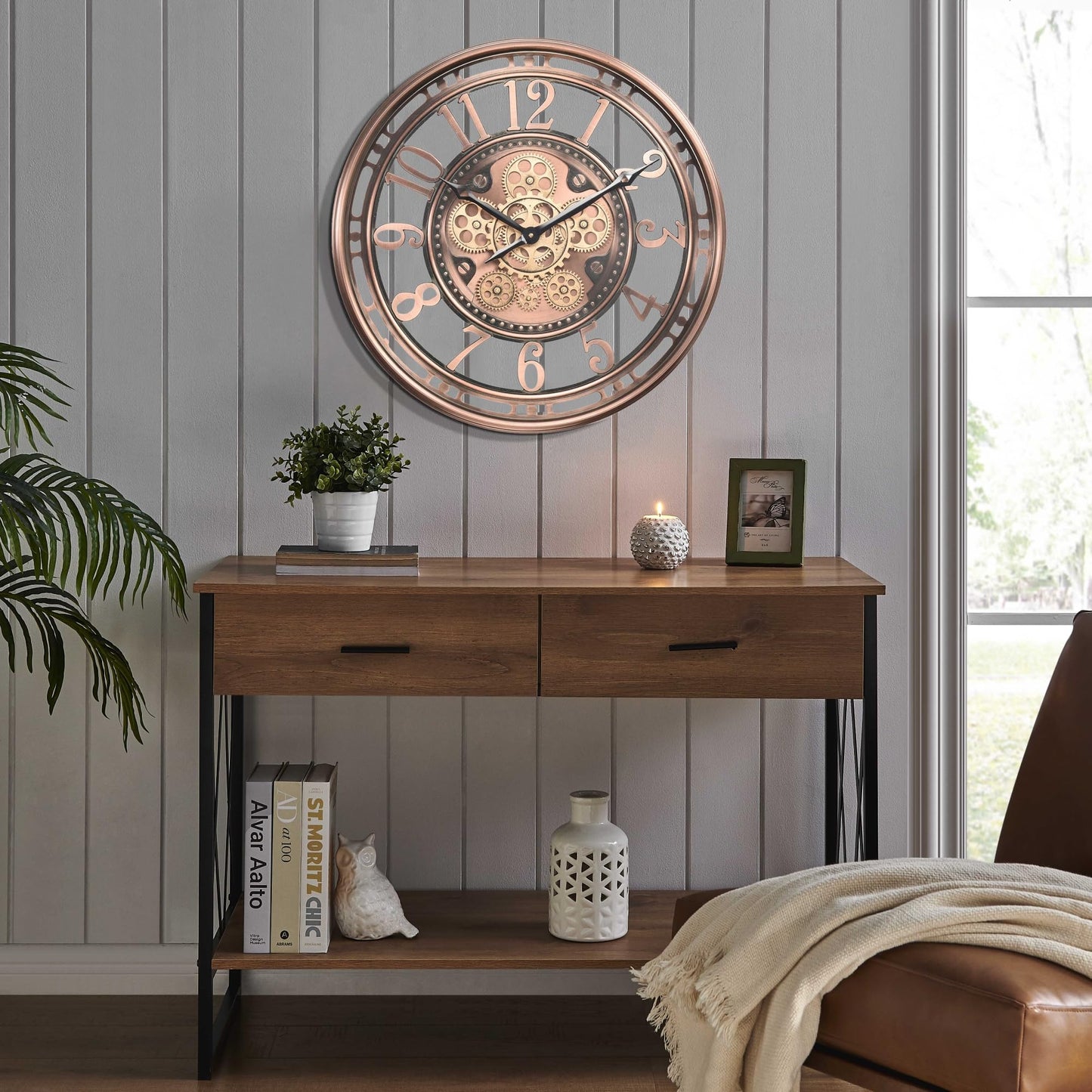 CLXEAST Moving Gear Wall Clock for Modern Farmhouse Living Room Decor,Large Industrial Steampunk Wall Clock,Metal Wall Clock Decorative for Home Office, Dinning Room,Copper (21 Inch)