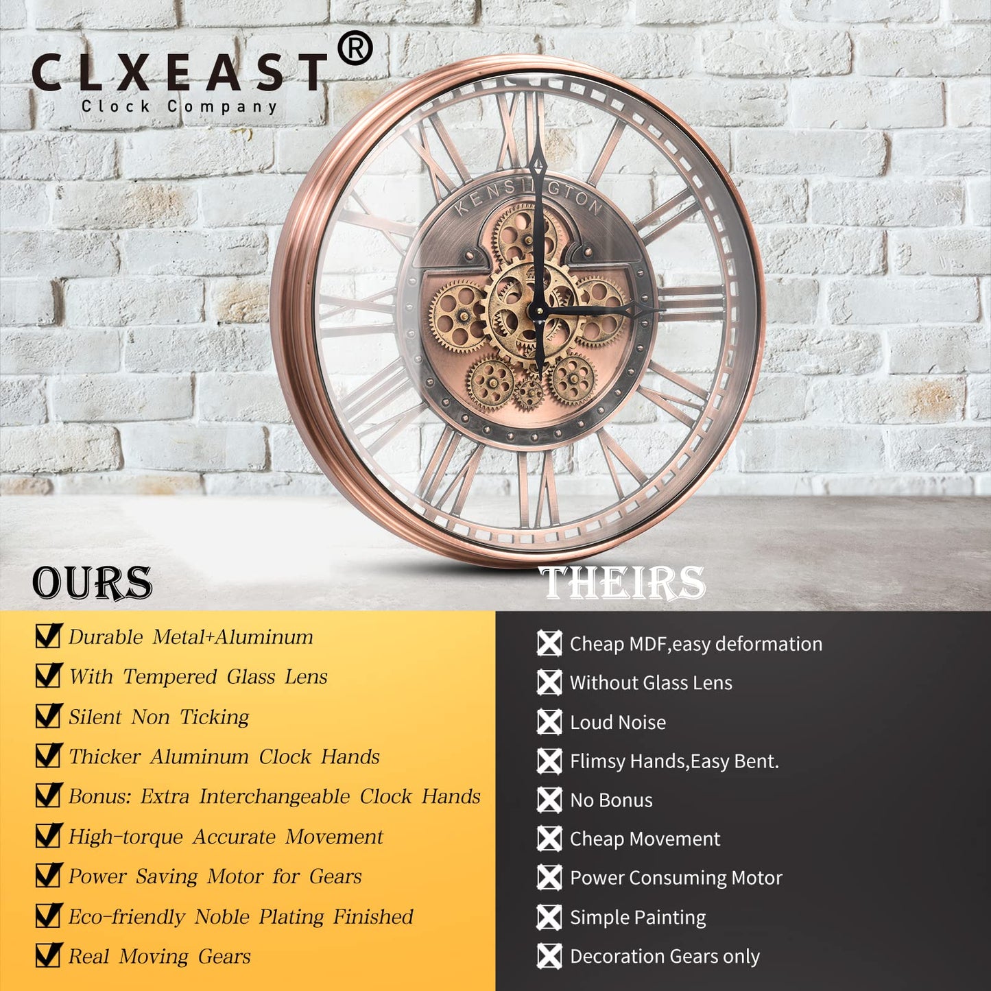 CLXEAST Moving Gear Wall Clock for Modern Farmhouse Living Room Decor,Large Industrial Steampunk Wall Clock,Metal Wall Clock Decorative for Home Office, Dinning Room,Copper (21 Inch)