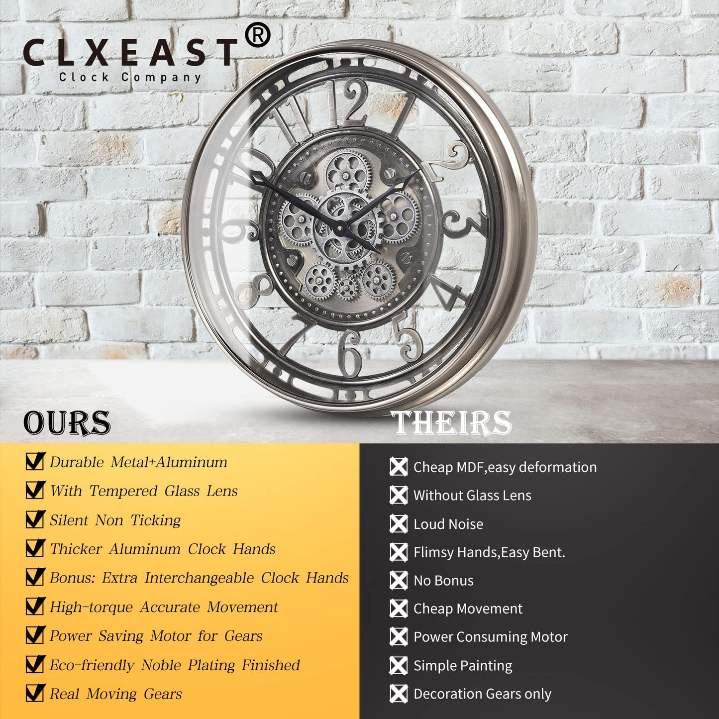 CLXEAST Moving Gear Wall Clock for Modern Farmhouse Living Room Decor,Large Industrial Steampunk Wall Clock,Metal Wall Clock Decorative for Home Office, Dinning Room,Copper (21 Inch)