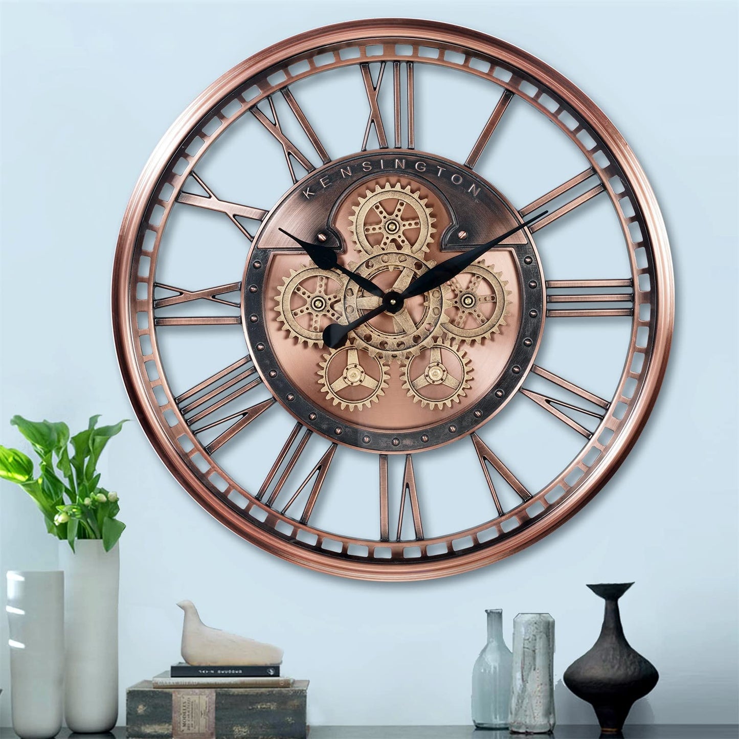 CLXEAST Moving Gear Wall Clock for Modern Farmhouse Living Room Decor,Large Industrial Steampunk Wall Clock,Metal Wall Clock Decorative for Home Office, Dinning Room,Copper (21 Inch)