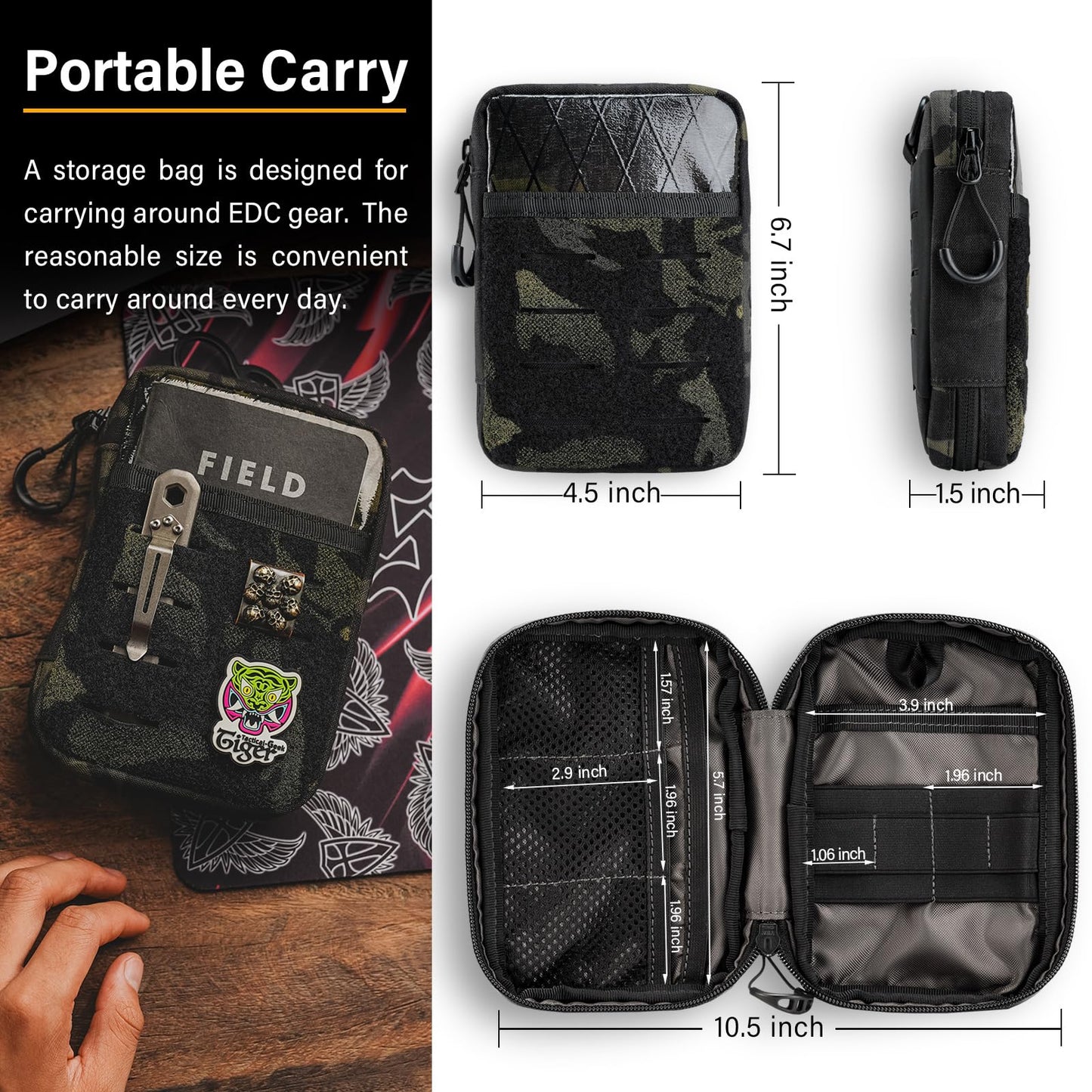 TACTICAL GEEK EDC Compact Waist Pocket Pouch, Multi-Purpose Molle EDC Pouch Gadget Organizer (E2.0-Black Camo)