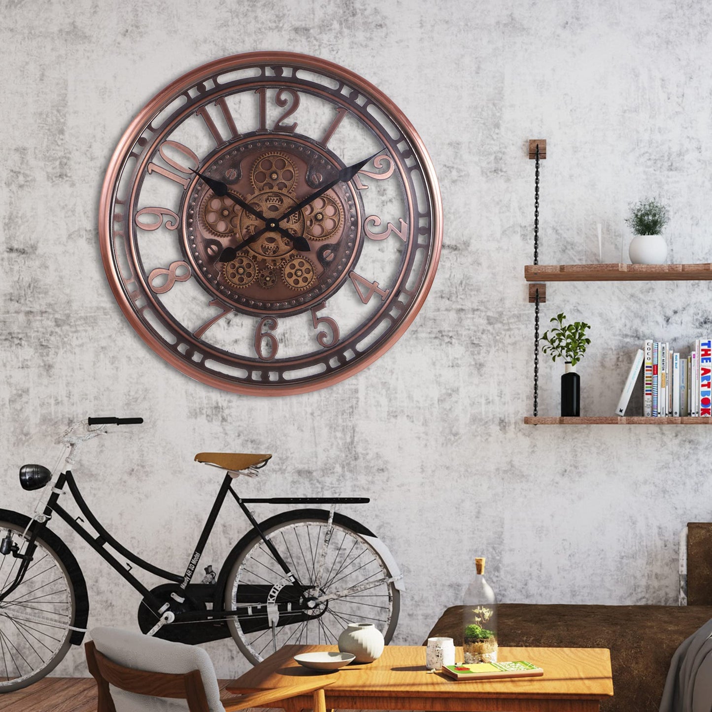 Real Moving Gears Modern, 21 Inch Industrial Steampunk Large Big Metal Gold Wall Clock for Living Room Decor, Office, ,Antique Bronze Copper,Arabic Numerals