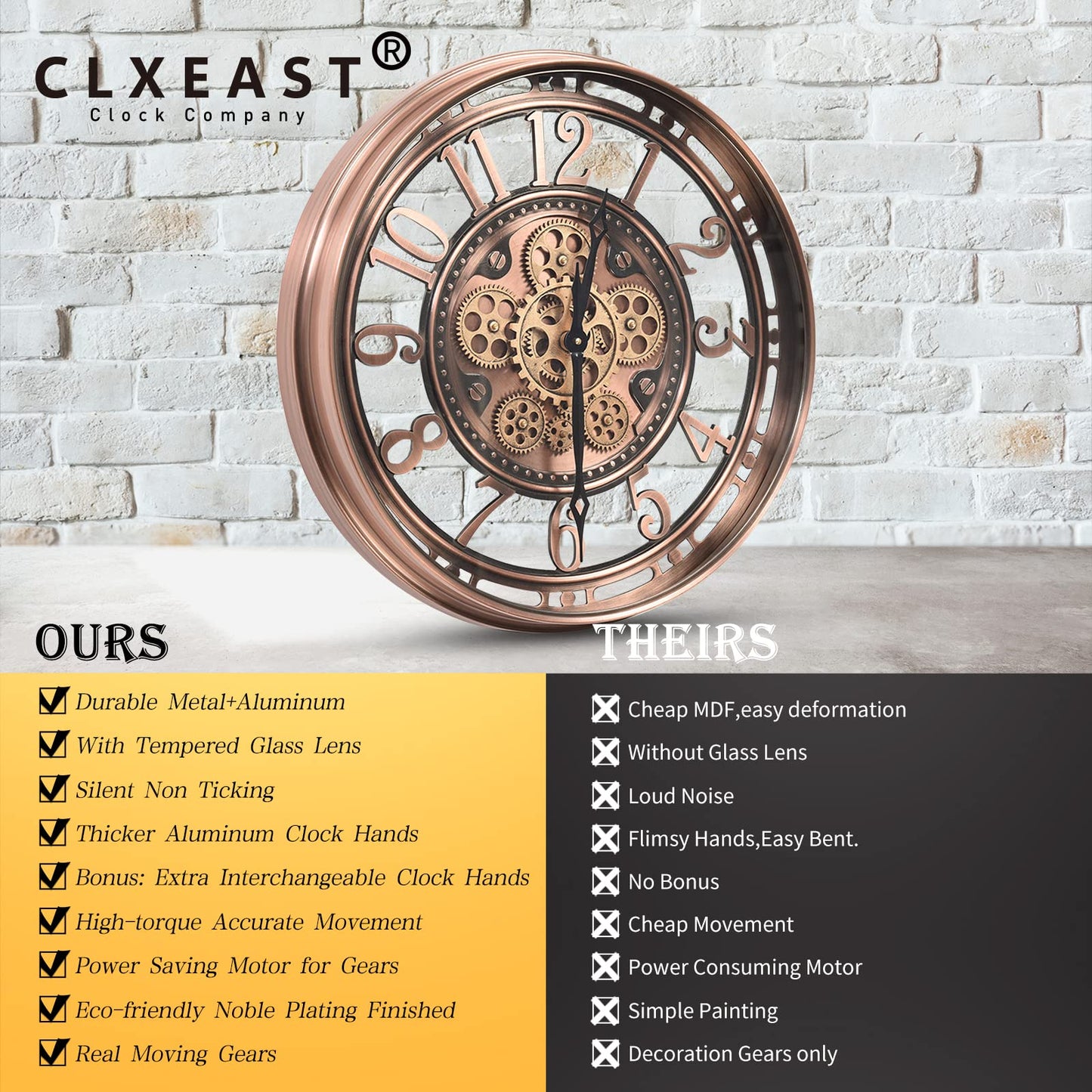 CLXEAST Moving Gear Wall Clock for Modern Farmhouse Living Room Decor,Large Industrial Steampunk Wall Clock,Metal Wall Clock Decorative for Home Office, Dinning Room,Copper (21 Inch)