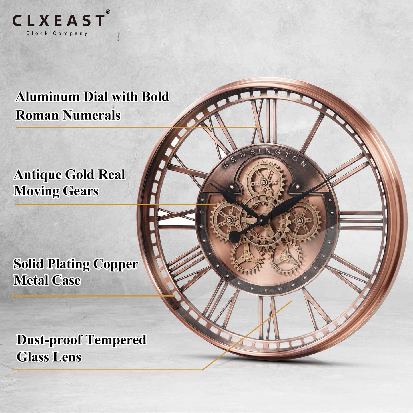 CLXEAST Moving Gear Wall Clock for Modern Farmhouse Living Room Decor,Large Industrial Steampunk Wall Clock,Metal Wall Clock Decorative for Home Office, Dinning Room,Copper (21 Inch)