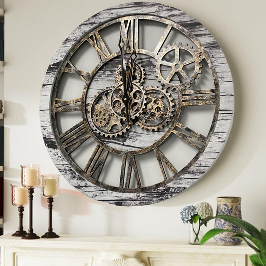 The Gears Clock The Original Real Moving Gear Wall Clock Vintage Industrial Oversized Rustic Farmhouse (24 inch (60cm), Vintage Grey and White)