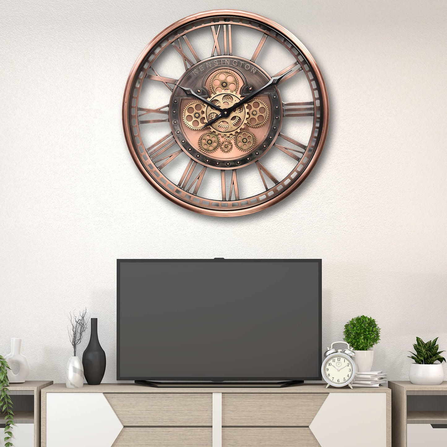 CLXEAST Moving Gear Wall Clock for Modern Farmhouse Living Room Decor,Large Industrial Steampunk Wall Clock,Metal Wall Clock Decorative for Home Office, Dinning Room,Copper (21 Inch)