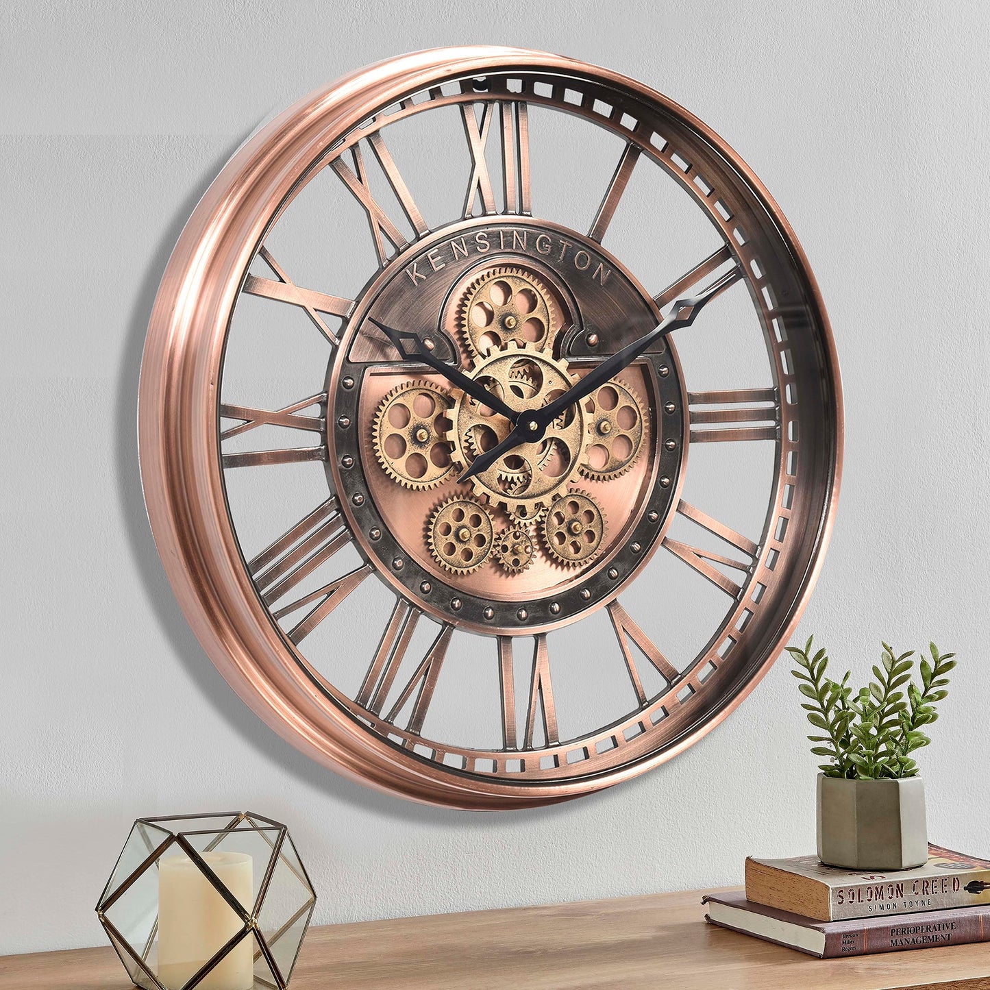 CLXEAST Moving Gear Wall Clock for Modern Farmhouse Living Room Decor,Large Industrial Steampunk Wall Clock,Metal Wall Clock Decorative for Home Office, Dinning Room,Copper (21 Inch)