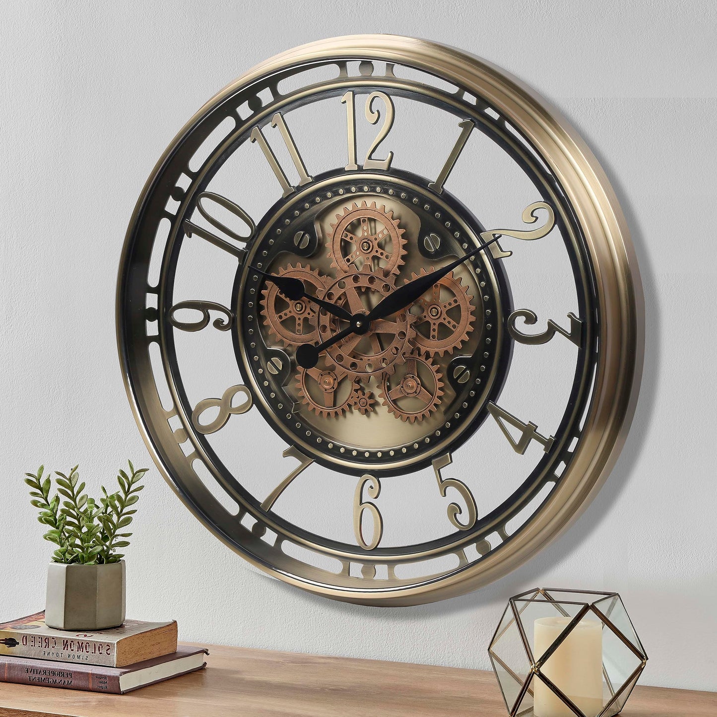 CLXEAST Moving Gear Wall Clock for Modern Farmhouse Living Room Decor,Large Industrial Steampunk Wall Clock,Metal Wall Clock Decorative for Home Office, Dinning Room,Copper (21 Inch)