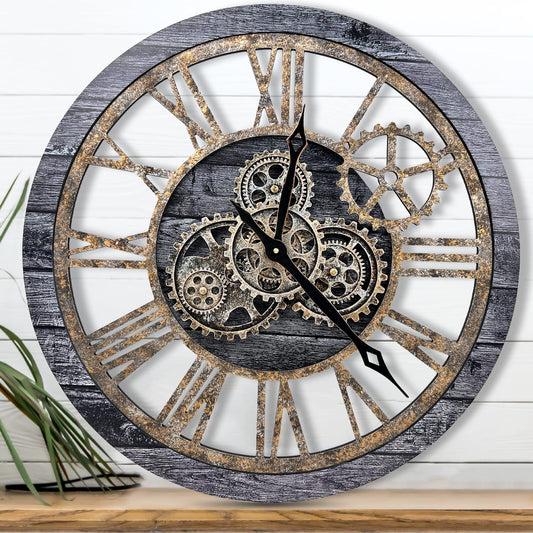 The B-Style Large Wall Clock 24 inch Moving Gear Wall Clock Oversized Vintage Farmhouse Wall Clocks for Living Room Decor Decorative Rustic Industrial Wood Clock (Carbon Gray)