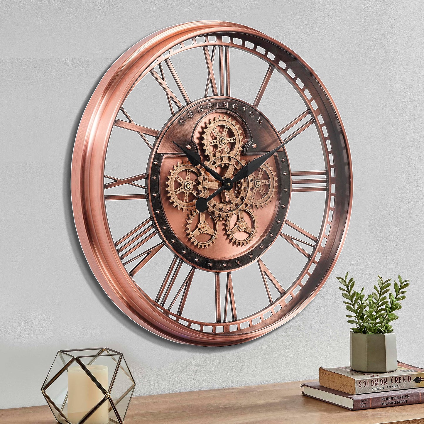 CLXEAST Moving Gear Wall Clock for Modern Farmhouse Living Room Decor,Large Industrial Steampunk Wall Clock,Metal Wall Clock Decorative for Home Office, Dinning Room,Copper (21 Inch)